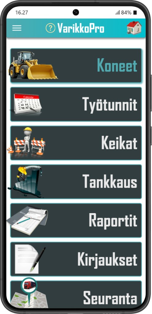 VarikkoPro: aloitusnäkymä ja reitti koneiden hallintaan