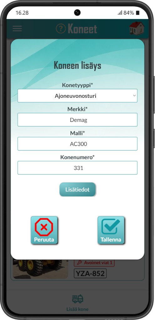 VarikkoPro: koneen perustietojen lisäys