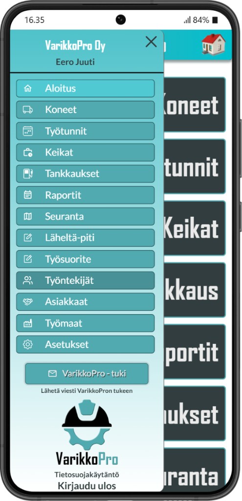 VarikkoPro: sivuvalikko ja reitti työntekijöihin