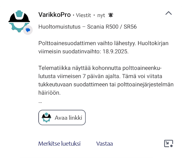 VarikkoPro-huoltomuistutus push-ilmoituksena