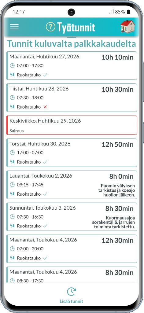 Työtuntikirjaukset puhelimessa