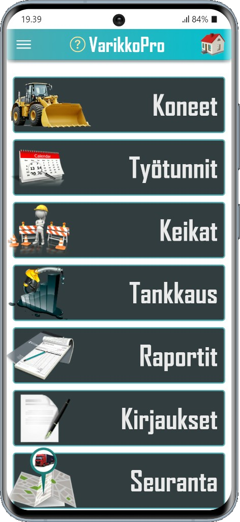 VarikkoPro-mobiilivalikko: Koneet, Työtunnit, Keikat, Tankkaus, Raportit